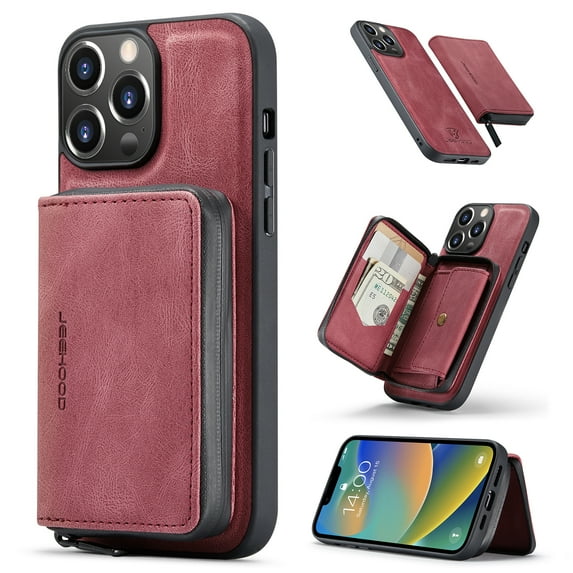 Allytech for iPhone 14 Pro Max Case 2022, Vegan PU Leather Anti-Scratch Magnetic Detachable Wallet Zipper Purse Stand Case with Card Slots for iPhone 14 Pro Max 6.7", Red
