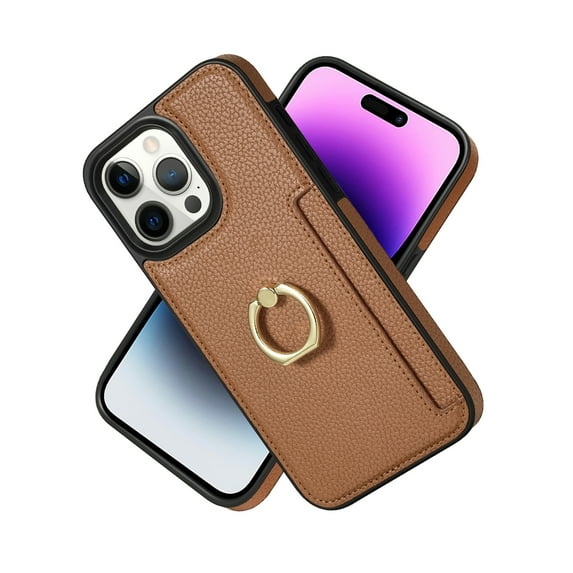 Allytech iPhone 14 Pro Max Case Cover Wallet, Ring Holder Stand Shockproof Anti-Scratch Drop Protection Slim Fit Card Holder Wallet Case for Apple iPhone 14 Pro Max 6.7" - Brown