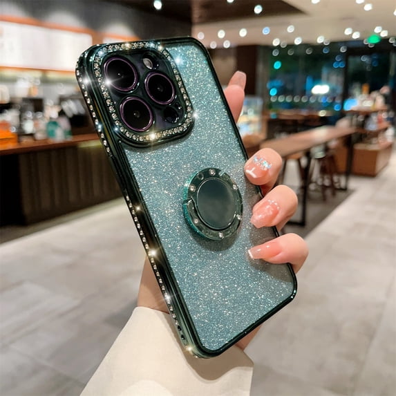 Allytech iPhone 14 Pro Max Case for Girls Women, with Ring Holder Stand Glitter Bling Rhinestone Design Clear Back Shell Slim Fit Shockproof Case Cover for Apple iPhone 14 Pro Max 6.7" - Green