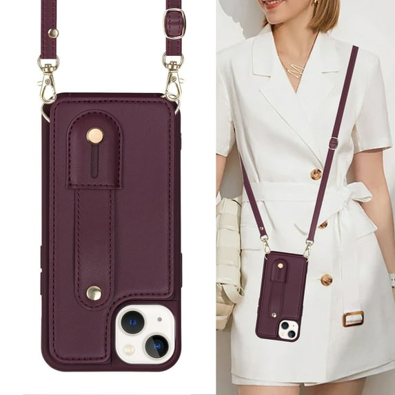 Allytech iPhone 14 Pro Max Case, With Long Shoulder Strap Hand Strap Stand Cards Holder Shockproof Protective Wallet Case Cover for Apple iPhone 14 Pro Max 6.7" - Winered
