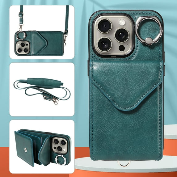 Allytech iPhone 14 Pro Max Case with Ring Holder & Shoulder Strap, Retro PU Leather Cards Slots Kickstand Detachable Lanyard Shockproof Wallet Case Cover for Apple iPhone 14 Pro Max - Green