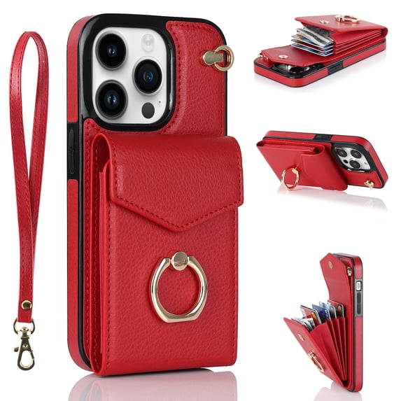 Allytech for iPhone 14 Pro Max Case Wallet with Card Holder, 360°Rotation Finger Ring Holder Kickstand RFID Blocking PU Leather Case with Hand Strap Case for iPhone 14 Pro Max 6.7" 2022, Red