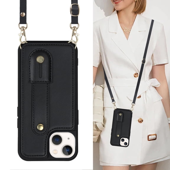 Allytech iPhone 14 Pro Max Case, With Long Shoulder Strap Hand Strap Stand Cards Holder Shockproof Protective Wallet Case Cover for Apple iPhone 14 Pro Max 6.7" - Black