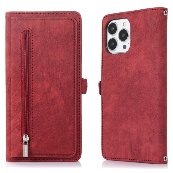 Allytech for iPhone 14 Pro Max Magnetic Clasp Case, PU Leather Flip Wallet Case with Card Slot & Kickstand & Wrist Strap Shockproof Protective Case for 14 Pro Max 6.7" 2022 Women Men, Red