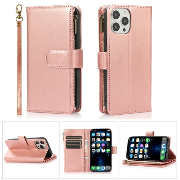 Allytech iPhone 14 Pro Max Wallet Case, 9 Cards Holder Zipper Wallet Case for Women Men Shockproof Hand Strap Full Protective Flip Stand Case Cover for Apple iPhone 14 Pro Max - Rosegold