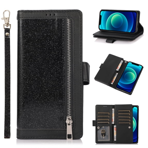 Allytech for iPhone 14 Pro Max Wallet Case for Women Girls, Glitter Sparkle PU Leather Folding Stand Zipper Purse Case with 9 Card Slots Cash Pocket Wrist Strap Case for iPhone 14 Pro Max, Black