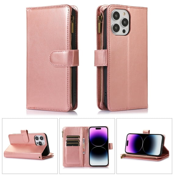 Allytech iPhone 14 Pro Wallet Case, 9 Cards Holder Zipper Wallet Case for Women Men Shockproof Hand Strap Full Protective Flip Stand Case Cover for Apple iPhone 14 Pro - Rosegold