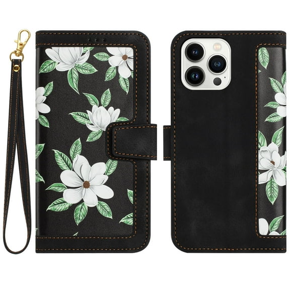 Allytech iPhone 14 Pro Wallet Case, Chic Flower Pattern PU Leather Shoulder Strap Hand Wrist Cards Holder Stand Protective Flip Folio Cover for Girls Women Phone Case for Apple iPhone 14 Pro - Black