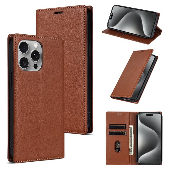 Allytech iPhone 14 Pro Wallet Case, Premium PU Leather RFID Blocking Cards Holder Flip Cover Stand Shockproof Anti-Scratch Phone Case for Apple iPhone 14 Pro - Brown
