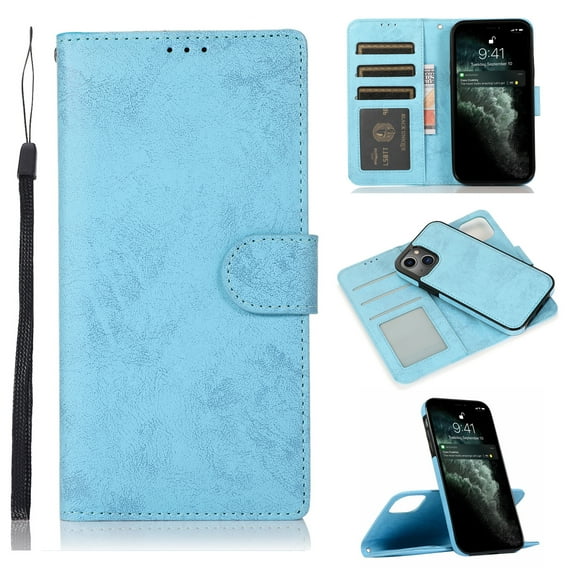 Allytech for iPhone 14 Wallet Case with Card Holder, 2 in 1 Detachable Wallet PU Leather Magnetic Clasp Wrist Strap Stand Flip Protective Case for iPhone 14 5G 2022, Lightblue