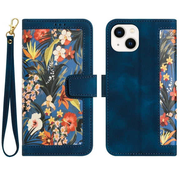 Allytech iPhone 14 Wallet Case, Chic Flower Pattern PU Leather Shoulder Strap Hand Wrist Cards Holder Stand Protective Flip Folio Cover for Girls Women Phone Case for Apple iPhone 14 - Darkblue
