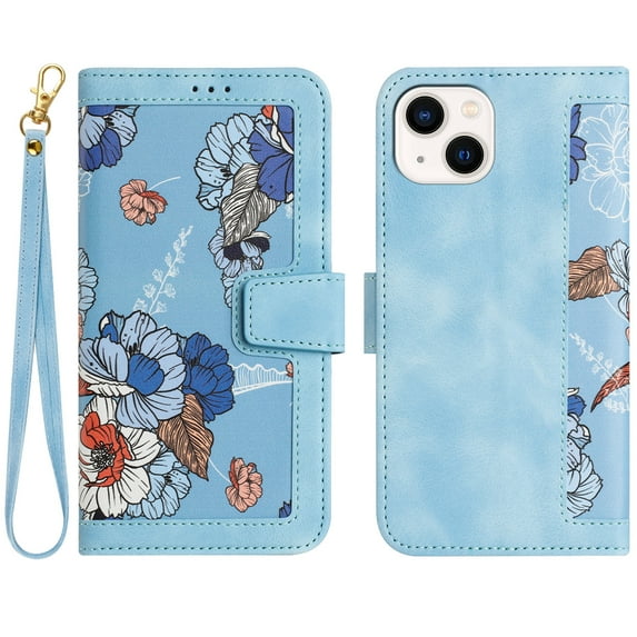 Allytech iPhone 14 Wallet Case, Chic Flower Pattern PU Leather Shoulder Strap Hand Wrist Cards Holder Stand Protective Flip Folio Cover for Girls Women Phone Case for Apple iPhone 14 - Blue