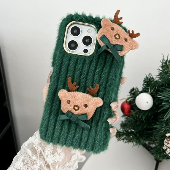Allytech iPhone 15 Case Christmas Elk, Faux Fur Furry Back Cover with Cute Elk Perfect Gift for Christmas Shockproof Protective Phone Case Cover for Apple iPhone 15 - Green