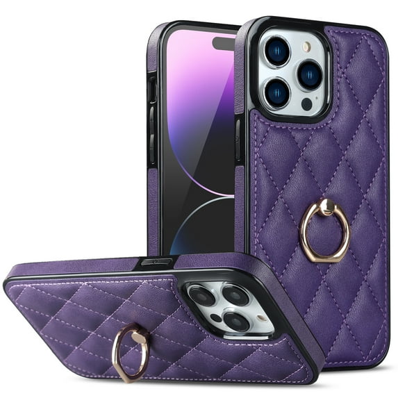 Allytech iPhone 15 Case with Finger Ring, 360° Rotatable Ring Holder Kickstand Luxury Premium PU Leather Non-Slip Shockproof Business Women Men Phone Cases Covers for Apple iPhone 15 6.1", Purple