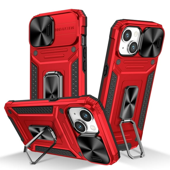 Allytech iPhone 15 Case with Kickstand, Sliding Camera Lens Protector Rugged Hybrid Military Grade Shockproof Bumper Phone Case for Apple iPhone 15 - Red