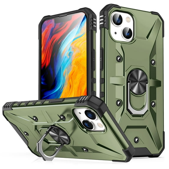 Allytech iPhone 15 Case with Ring Grip, Military Grade Protective Kickstand PC Back Cover Bumper Shock Absorption Anti-Scratch Rugged Hybrid Phone Case Cover for Apple iPhone 15 - Armygreen