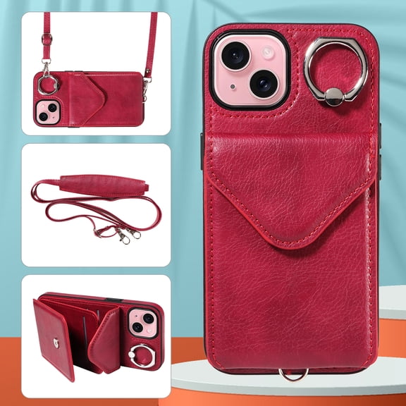 Allytech iPhone 15 Case with Ring Holder & Shoulder Strap, Retro PU Leather Cards Slots Kickstand Detachable Lanyard Shockproof Wallet Case Cover for Apple iPhone 15 - Red