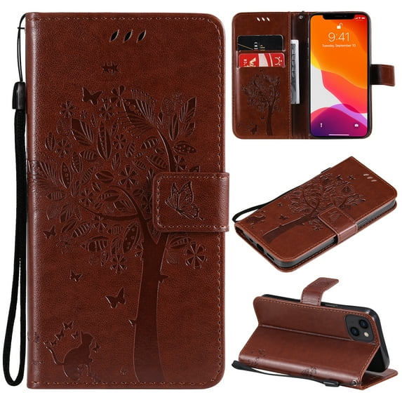 Allytech for iPhone 15 Case Wallet, Cute Cat Tree Embossed PU Leather Slim Fit Flip Folio Stand Cover for Girls Women Cards Slots Wallet Case Cover for Apple iPhone 15 - Brown
