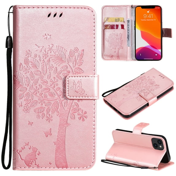 Allytech for iPhone 15 Case Wallet, Cute Cat Tree Embossed PU Leather Slim Fit Flip Folio Stand Cover for Girls Women Cards Slots Wallet Case Cover for Apple iPhone 15 - Rosegold