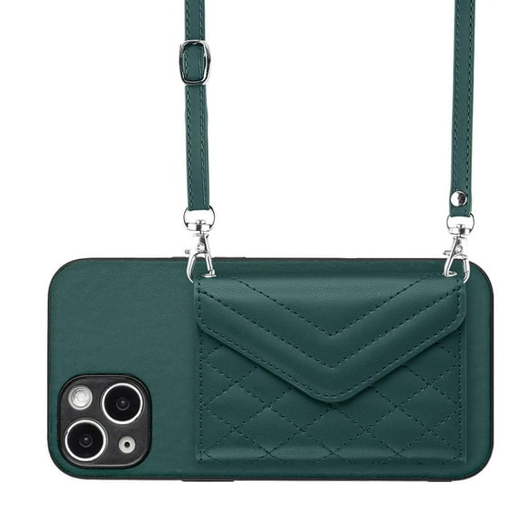 Allytech iPhone 15 Case Wallet with Shoulder Strap, Luxury Back Cover for Girls Women PU Leather Shockproof Cards Holder Stand Magnetic Closure Phone Case for Apple iPhone 15, Green