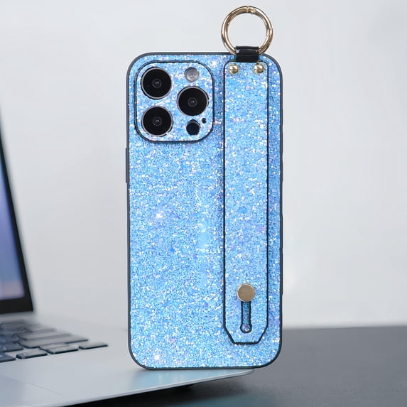 Allytech iPhone 15 Case with Wristband & Ring Holder, Bling Glitter Design TPU Back Cover for Girls Women Stand Feature Shockproof Anti-Scratch Phone Case for Apple iPhone 15 - Blue