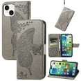 thumbnail image 1 of Allytech iPhone 15 Flip Wallet Case, Luxury PU Leather [Butterfly & Flower Embossed] Magnetic Clasp Stand Case Built-in Card Slots & Cash Pocket, Shockproof Wrist Strap Case, Gray, 1 of 6