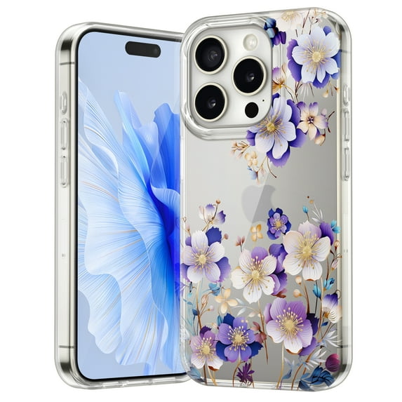 Allytech iPhone 15 Plus Case Clear, Colorful Floral Trendy Transparent Back Cover for Girls Women Shockproof Bumper Slim Fit Phone Case for Apple iPhone 15 Plus - Purple Blossom