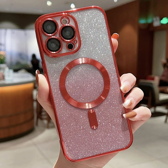 Allytech for iPhone 15 Plus Case, Compatible with MagSafe Gradient Bling Glitter Women Girly Luxury Clear TPU Plating Case Cover with Camera Lens Protector for iPhone 15 Plus 5G 6.7 INCH 2023, Red