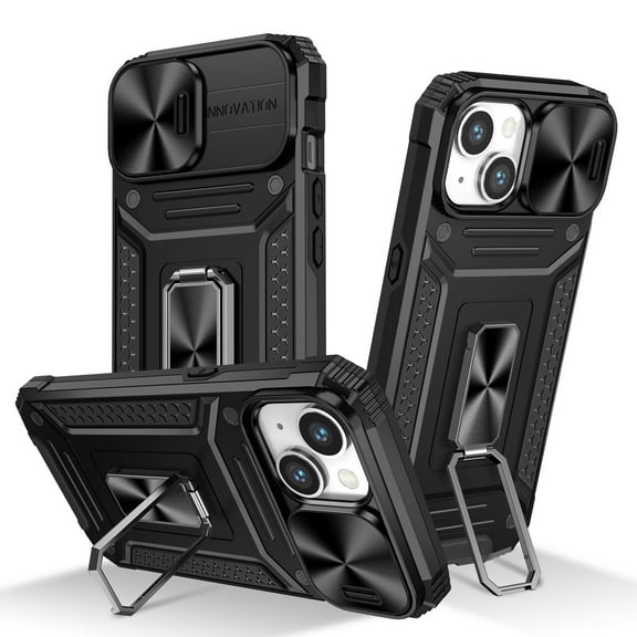 Allytech iPhone 15 Plus Case with Kickstand, Sliding Camera Lens Protector Rugged Hybrid Military Grade Shockproof Bumper Phone Case for Apple iPhone 15 Plus - Black