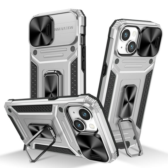 Allytech iPhone 15 Plus Case with Kickstand, Sliding Camera Lens Protector Rugged Hybrid Military Grade Shockproof Bumper Phone Case for Apple iPhone 15 Plus - Silver