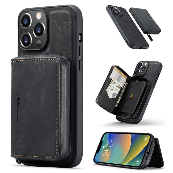 Allytech for iPhone 15 Plus Case, Vegan PU Leather Anti-Scratch Magnetic Detachable Wallet Zipper Purse Stand Case with Card Slots for Apple iPhone 15 Plus, Black