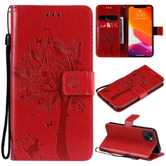 Allytech for iPhone 15 Plus Case Wallet, Cute Cat Tree Embossed PU Leather Slim Fit Flip Folio Stand Cover for Girls Women Cards Slots Wallet Case Cover for Apple iPhone 15 Plus - Red