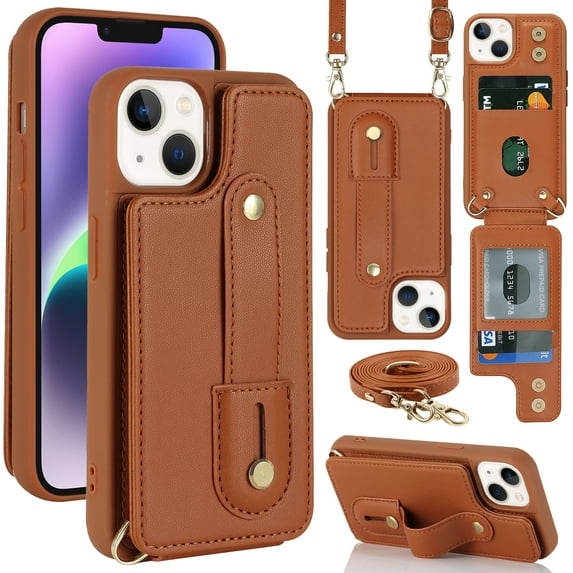 Allytech iPhone 15 Plus Case, With Long Shoulder Strap Hand Strap Stand Cards Holder Shockproof Protective Wallet Case Cover for Apple iPhone 15 Plus 6.7" - Brown