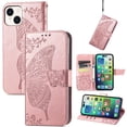 thumbnail image 1 of Allytech iPhone 15 Plus Flip Wallet Case, Luxury PU Leather [Butterfly & Flower Embossed] Magnetic Clasp Stand Case Built-in Card Slots & Cash Pocket, Shockproof Wrist Strap Case, Rosegold, 1 of 6