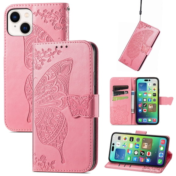 Allytech iPhone 15 Plus Flip Wallet Case, Luxury PU Leather [Butterfly & Flower Embossed] Magnetic Clasp Stand Case Built-in Card Slots & Cash Pocket, Shockproof Wrist Strap Case, Pink