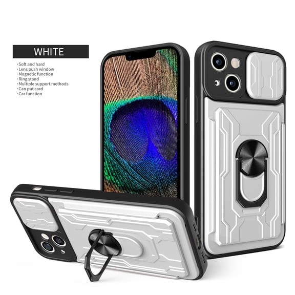 Allytech iPhone 15 Plus Rugged Case with Slide Camera Lens Cover, Ring Kickstand Detachable Card Holder Magnetic Car Mount Hybrid PC Shockproof Protective Case for iPhone 15 Plus - White