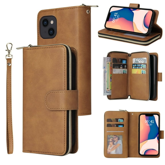 Allytech iPhone 15 Plus Wallet Case with 9 Card Slots & Zipper Pouch for Women Men, Magnetic Closure Kickstand Durable PU Leather Wristlet Strap Folio Flip Luxury Cover - Brown