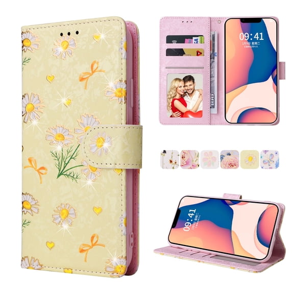Allytech iPhone 15 Plus Wallet Case, Stylish Flowers Pattern PU Leather Cover with Wrist Strap & Card Slots, Kickstand Magnetic Closure Shockproof Case for Women Girls, Yellow Daisy