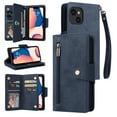 thumbnail image 1 of Allytech iPhone 15 Plus Wallet Case with Zipper Pocket, Luxury PU Leather Flip Cover with Card Slots & Wrist Strap, Shockproof Kickstand Magnetic Buckle Protective Case for Women Men, Blue, 1 of 15