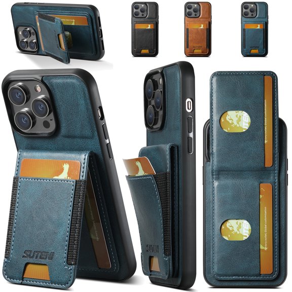 Allytech iPhone 15 Pro Business Case, Retro Luxury PU Leather Kickstand Cover with Credit Card Slots, Magnetic Closure Lightweight Shockproof Protective Shell for iPhone 15 Pro - Blue