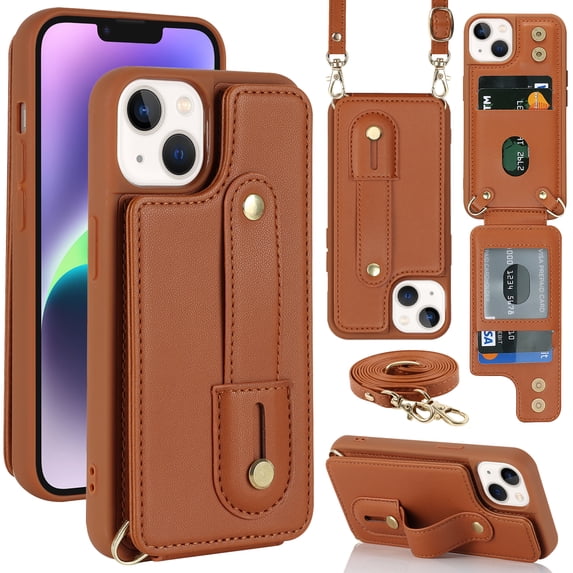 Allytech iPhone 15 Pro Case, With Long Shoulder Strap Hand Strap Stand Cards Holder Shockproof Protective Wallet Case Cover for Apple iPhone 15 Pro 6.1" - Brown
