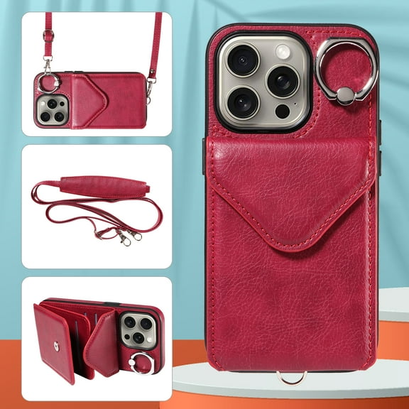Allytech iPhone 15 Pro Case with Ring Holder & Shoulder Strap, Retro PU Leather Cards Slots Kickstand Detachable Lanyard Shockproof Wallet Case Cover for Apple iPhone 15 Pro - Red