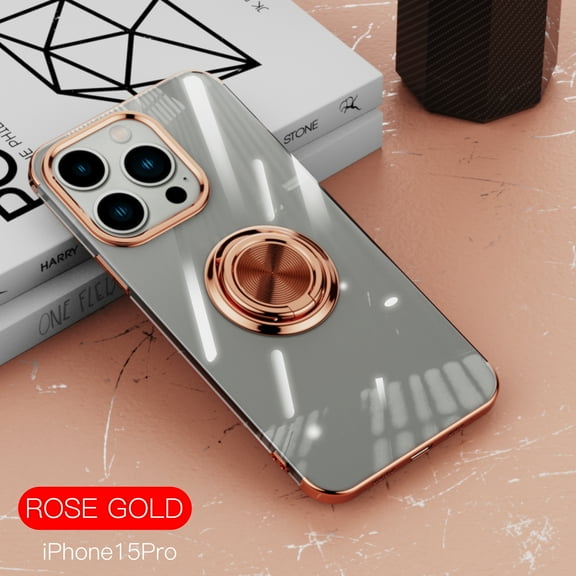 Allytech iPhone 15 Pro Case with Ring Holder Stand, Shockproof PC Back Cover Slim Fit Shell Bumper Protective Anti-Fringerprint Luxury Phone Case for Apple iPhone 15 Pro -Rosegold