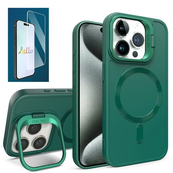 Allytech iPhone 15 Pro Case with Screen Protector, Magsafe Compatible Shockproof Rugged Kickstand Protective Anti-Scratch Luxury Phone Case Cover for Apple iPhone 15 Pro, Green