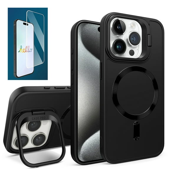 Allytech iPhone 15 Pro Case with Screen Protector, Magsafe Compatible Shockproof Rugged Kickstand Protective Anti-Scratch Luxury Phone Case Cover for Apple iPhone 15 Pro, Black