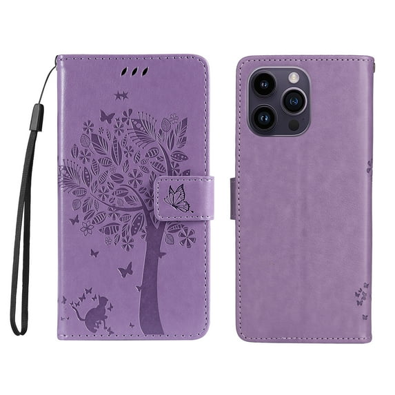 Allytech for iPhone 15 Pro Case Wallet, Cute Cat Tree Embossed PU Leather Slim Fit Flip Folio Stand Cover for Girls Women Cards Slots Wallet Case Cover for Apple iPhone 15 Pro - lightpurple