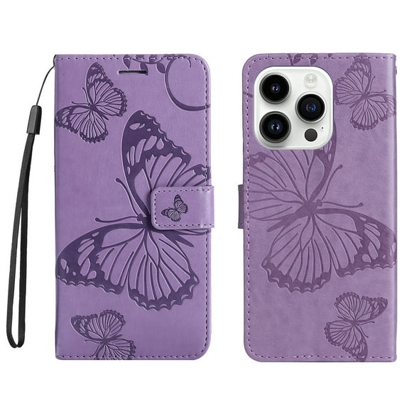 Allytech iPhone 15 Pro Case Wallet, PU Leather Big Butterfly Embossed Cards Slots Kickstand Shockproof Flip Folio Cover Wallet Case for Apple iPhone 15 Pro - Purple