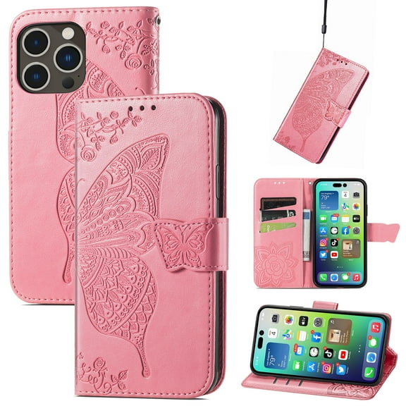 Allytech iPhone 15 Pro Flip Wallet Case, Luxury PU Leather [Butterfly & Flower Embossed] Magnetic Clasp Stand Case Built-in Card Slots & Cash Pocket, Shockproof Wrist Strap Case, Pink