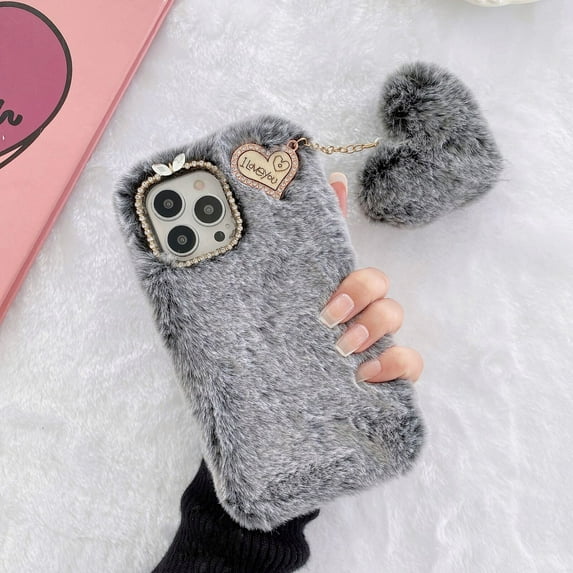 Allytech iPhone 15 Pro Max Case 6.7-inch, Cute Girly Soft Warm Faux Fur with Heart Ball Protective Shockproof Case for Girls Women Cover for Apple iPhone 15 Pro Max - Gray