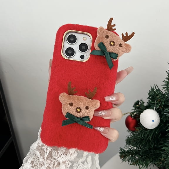 Allytech iPhone 15 Pro Max Case Christmas Elk, Faux Fur Furry Back Cover with Cute Elk Perfect Gift for Christmas Shockproof Protective Phone Case Cover for Apple iPhone 15 Pro Max - Red